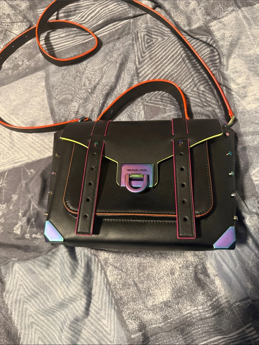 Michael Kors Black Crossbody with Neon Trim and Iridescent Hardware